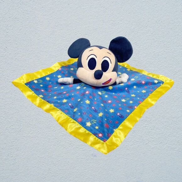 Disney Mickey Mouse Baby Lovey Plush Rattle Toy Security Blanket Blue Yellow - Picture 1 of 11